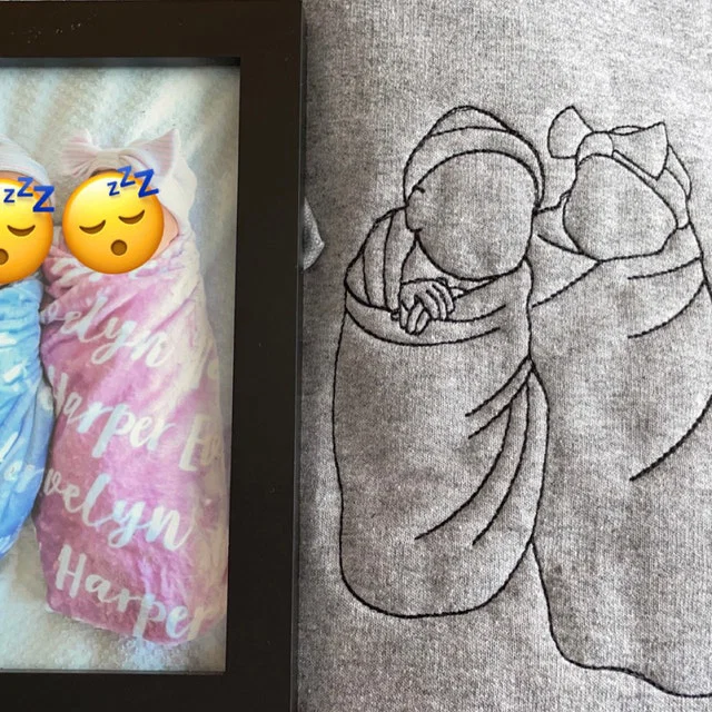Kunde vergleicht Foto seiner Katze mit identischer Stickerei auf dem Pullover